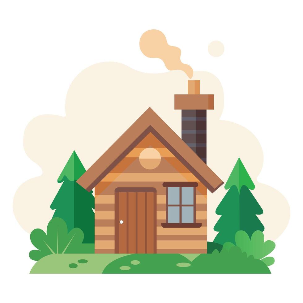 Cozy Log Cabin in the Woods with Smoke Coming from Chimney vector