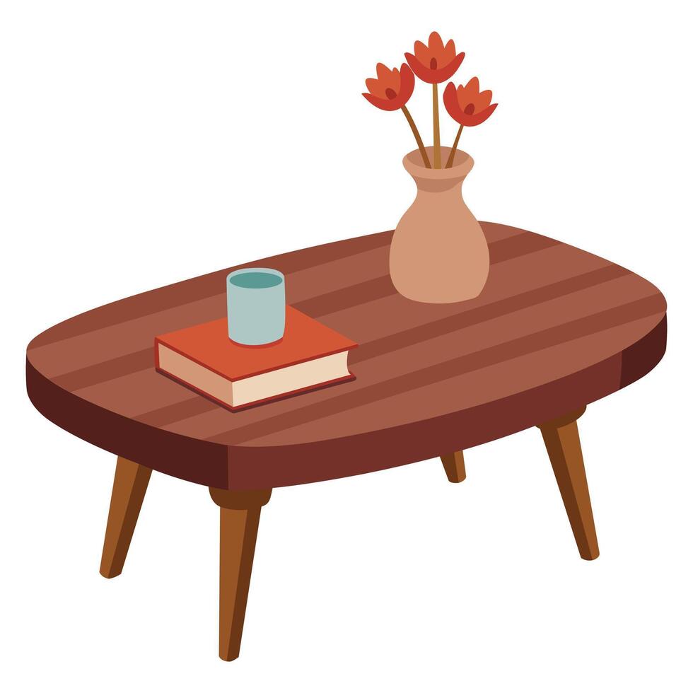 Cartoon Coffee Table with Book Cup and Flowers in a Vase vector