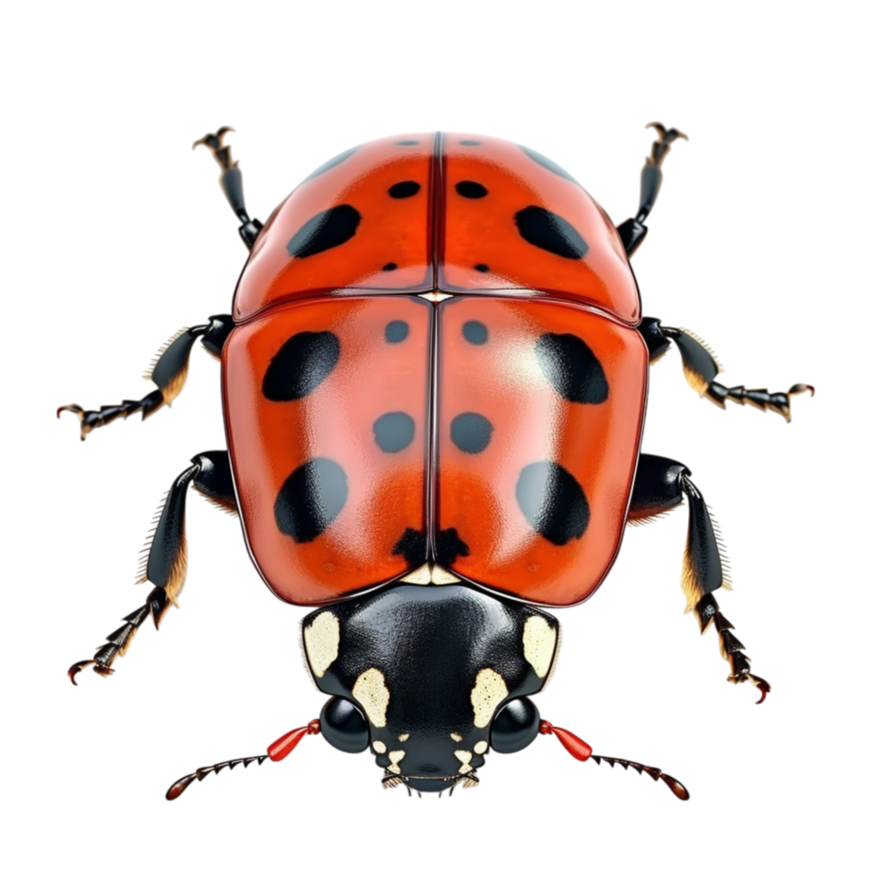 Red ladybug beetle with black spots and detailed anatomical features png