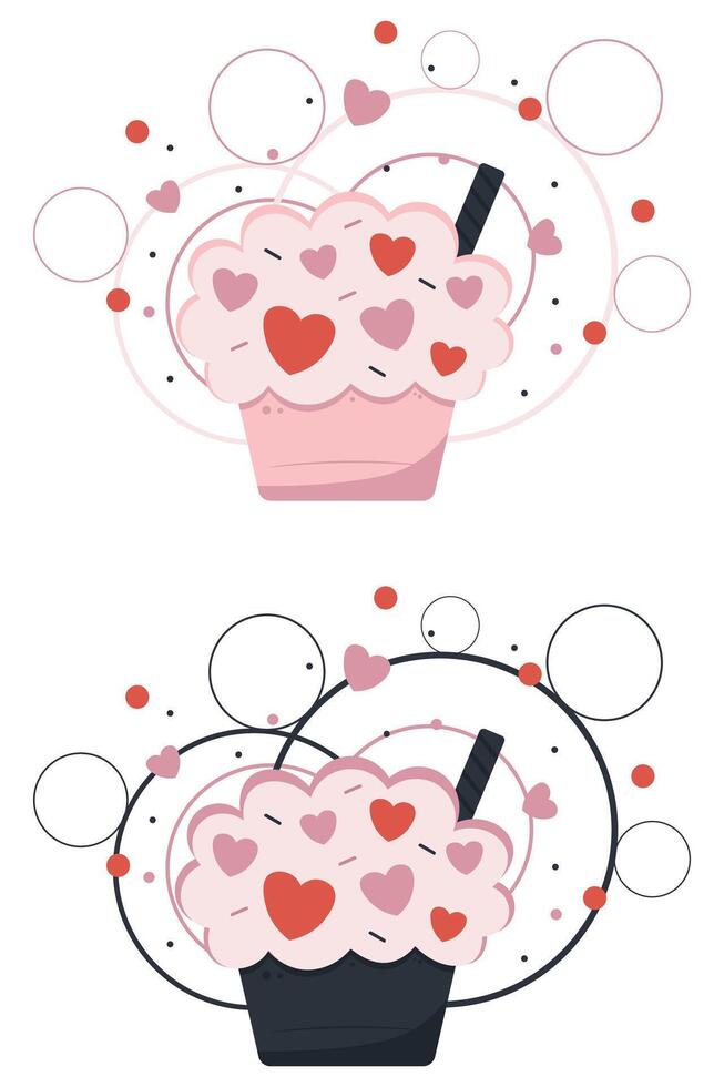 Cute Heart Cupcakes Set with Sweet Toppings for Valentine Day. Romantic Desserts with Hearts vector