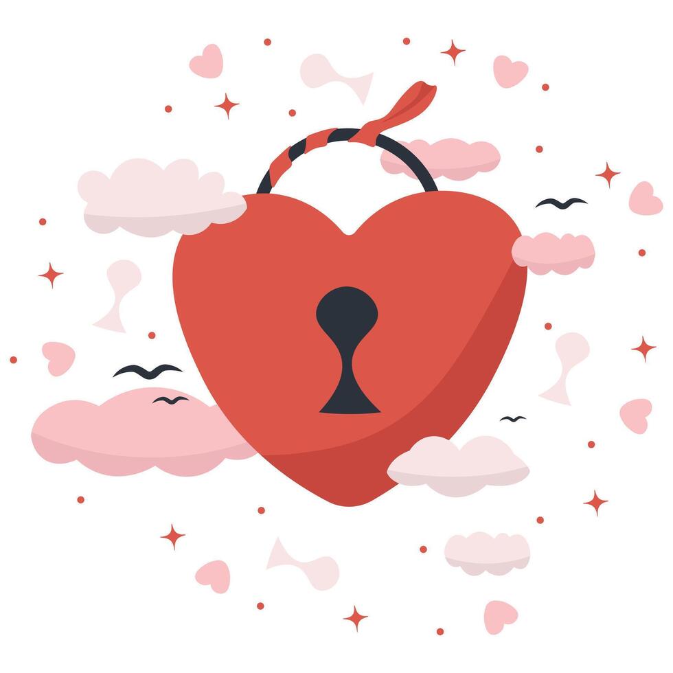 Romantic Heart Padlock Floating Among Clouds. Sweet Love Lock Symbol for Valentine's Day vector