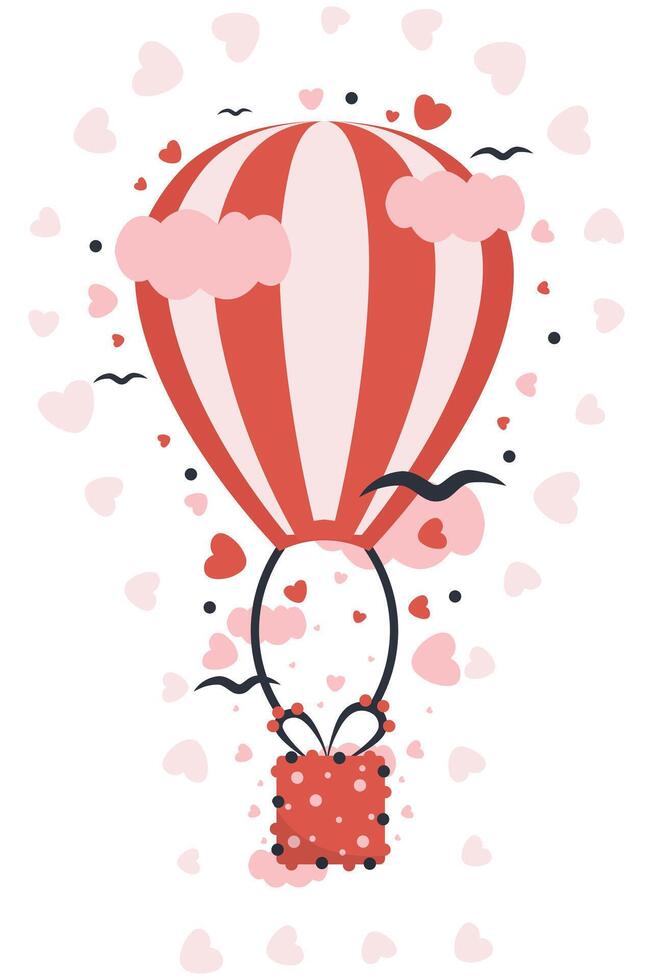 Romantic Hot Air Balloon Carry Gift Box Amidst Hearts and Clouds. Sky Delivery with Present Box vector