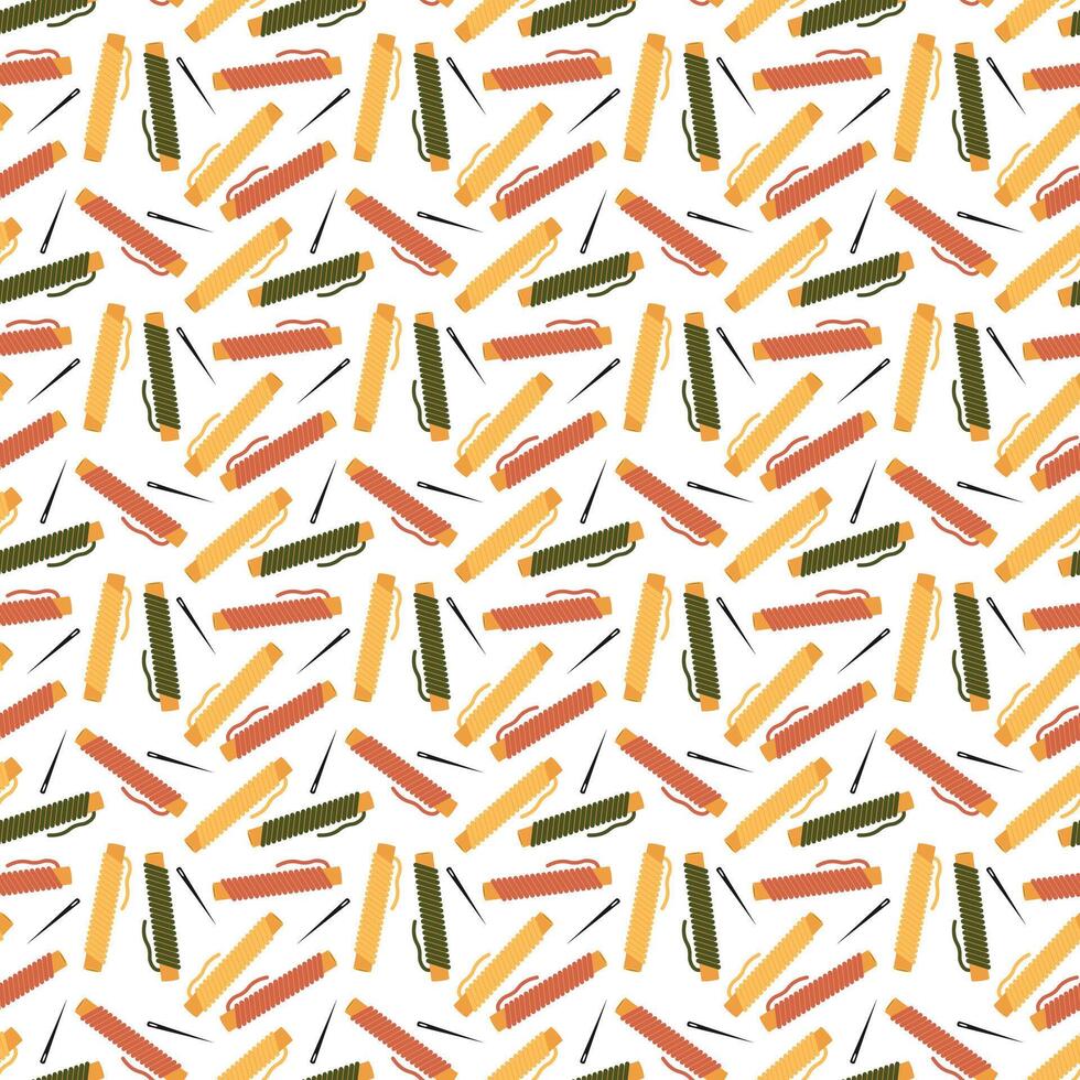 Seamless pattern with colorful yarn spool. Repeating background of sewing thread vector