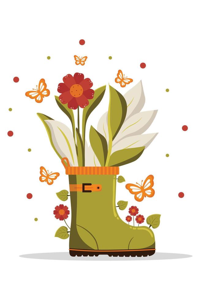 Green Gumboots as Planter for Spring Nature. Garden Rubber Boot with Flowers and Butterflies vector