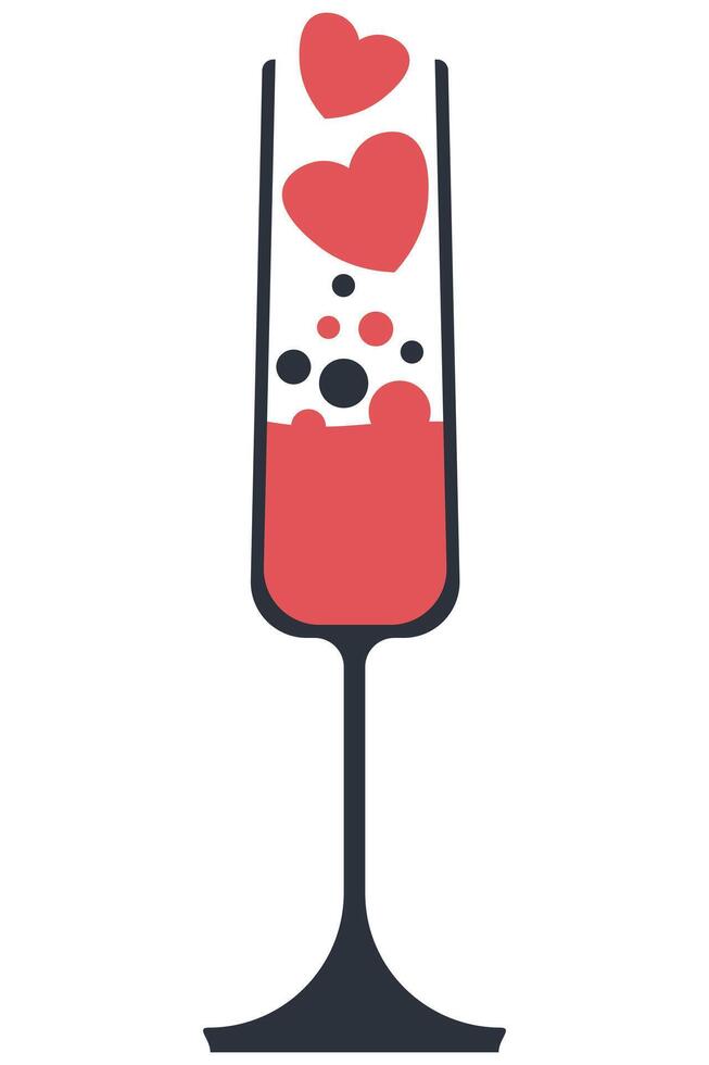Champagne Flute with Red Hearts. Romantic Drink Glass with Love Bubbles for Valentine's Day vector