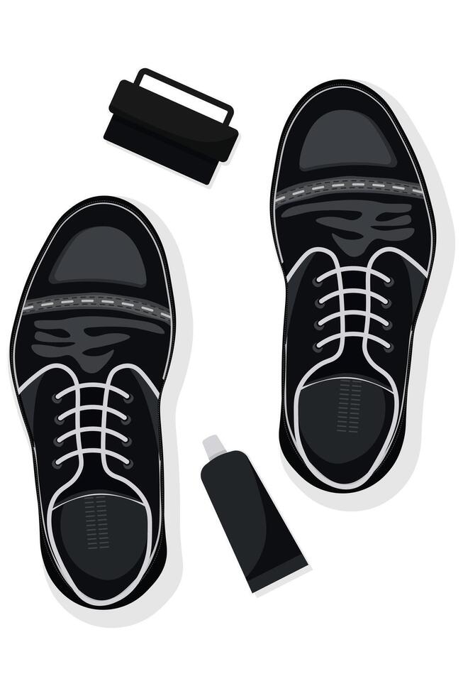Classic Black Leather Shoes, Cleaning Accessories. Stylish Men's Formal Shoes. Polish and Brush vector