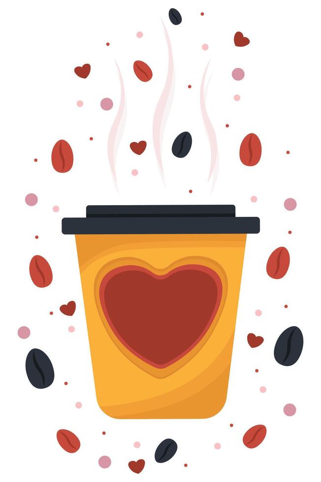 Steaming Coffee Cup with Hearts and Floating Beans. Hot Mug for Valentine's Day and Love vector