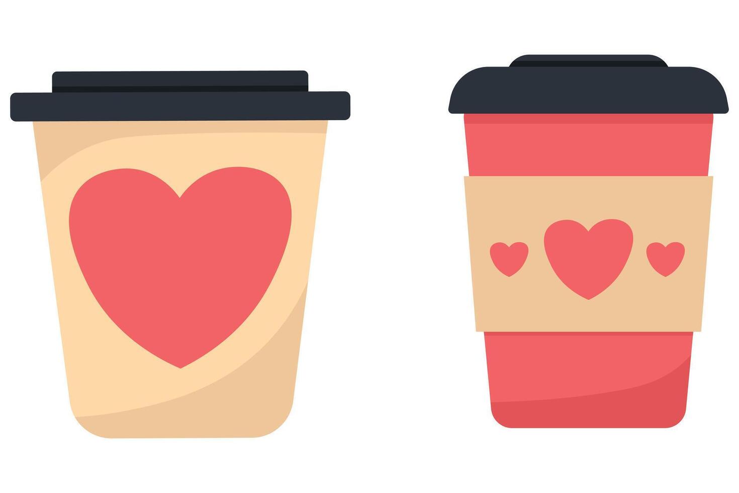 Romantic Coffee Cups with Heart for Valentine's Day. Cute Takeaway Tea Mugs with Love Hearts vector