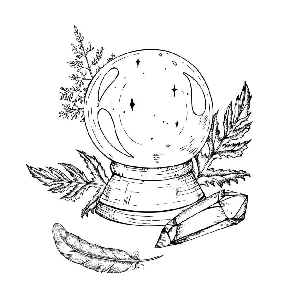 crystal ball to predict the fate, leaves, feather, amethyst crystal. Hand painted linear illustration of Guessing for the future. Graphic monochrome halloween sketch isolated on background. For vector