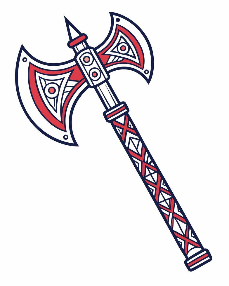 Red and blue patterned battle axe illustration weapon vector