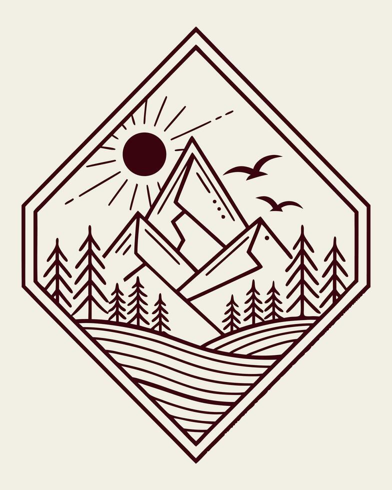Geometric mountain landscape with sun and birds vector