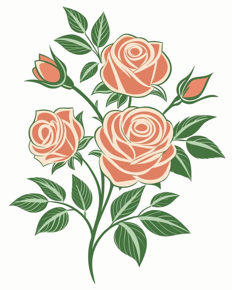 Peach roses and green leaves illustration flower floral vector