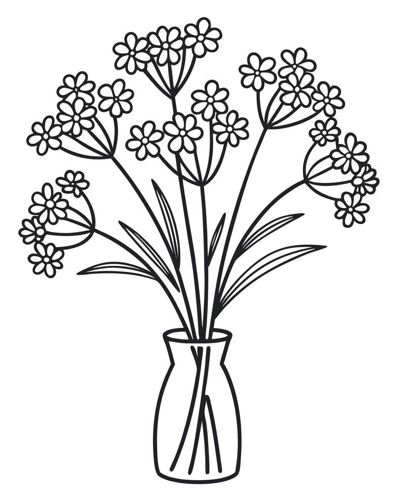 Black and white line drawing of flowers in a vase floral vector