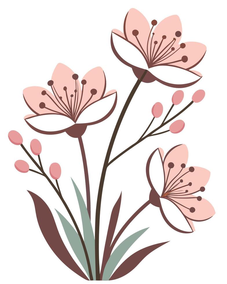 Pink cherry blossoms with brown stems and green leaves vector