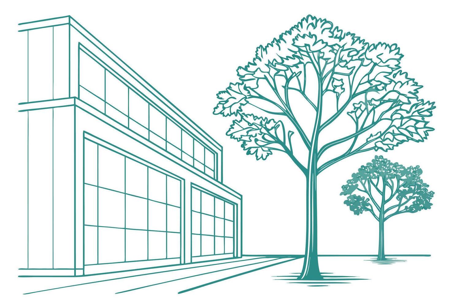 Teal line art building and trees on white background vector