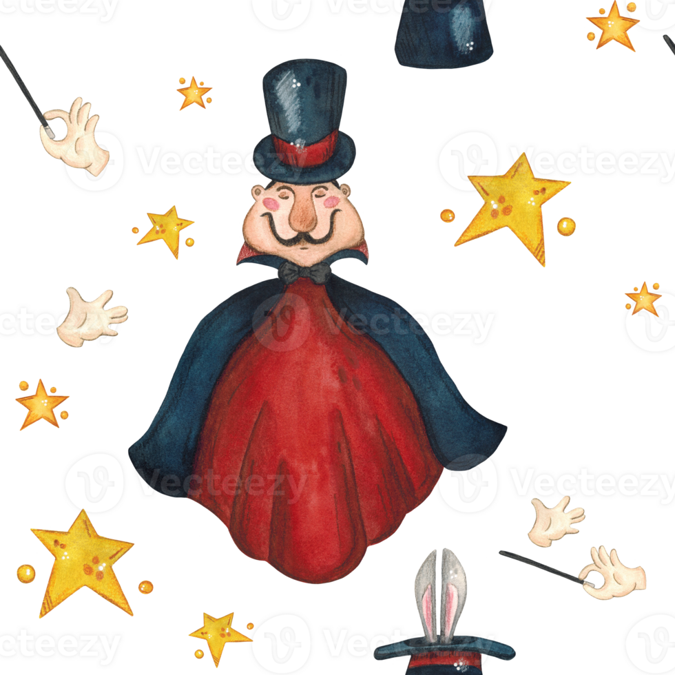 Magician, yellow stars, hands, magic wand and hat with rabbit ears png