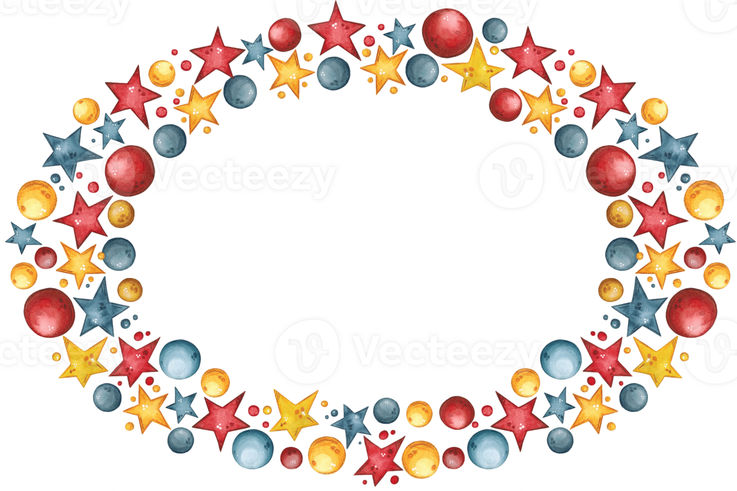 Oval frame of stars and balls in red, blue, yellow png