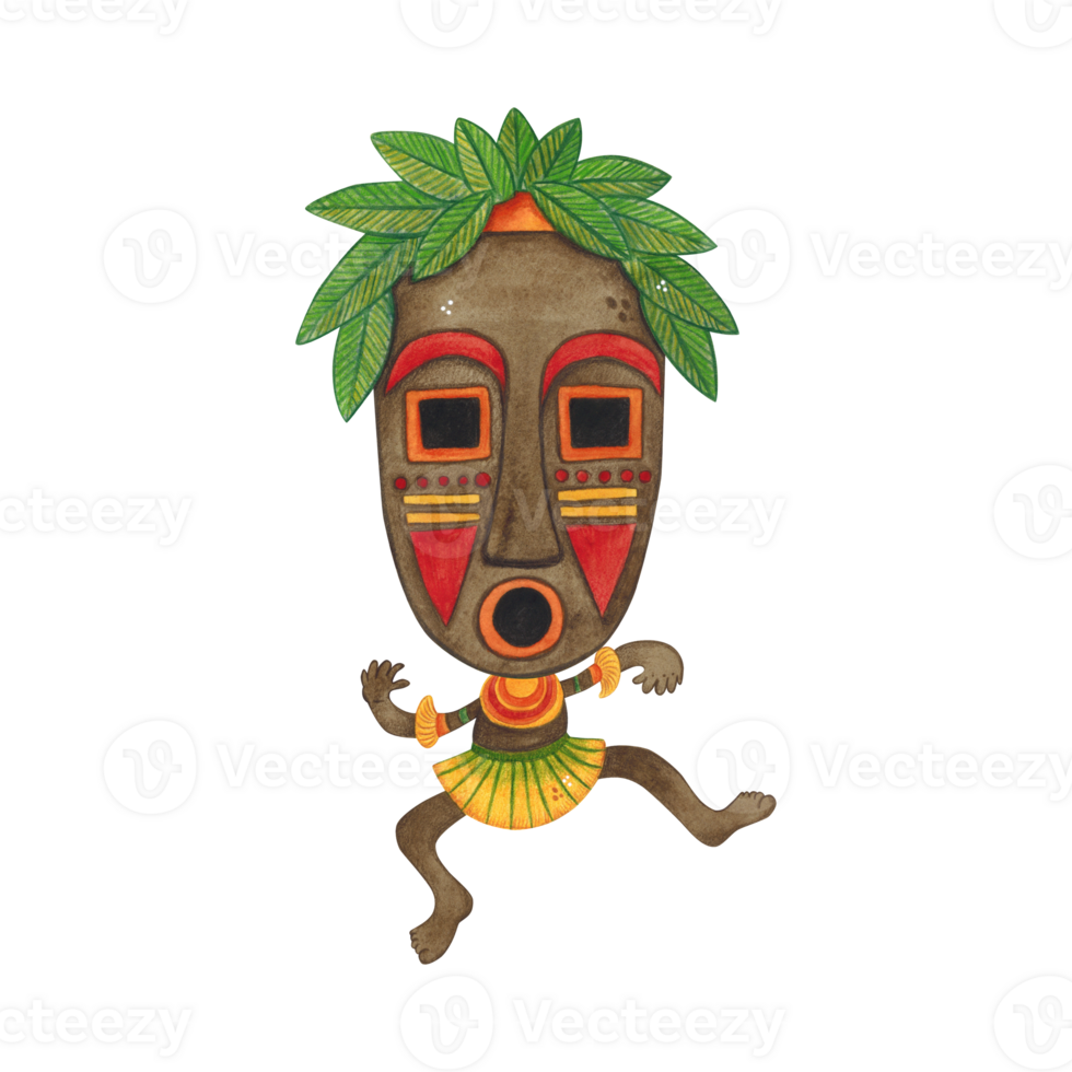 Dancing african aborigine in a long colorful mask with green leaves. Watercolor illustration hand drawn, cartoon. Drawing for poster, stickers, print. Africa, mask, funny, character png