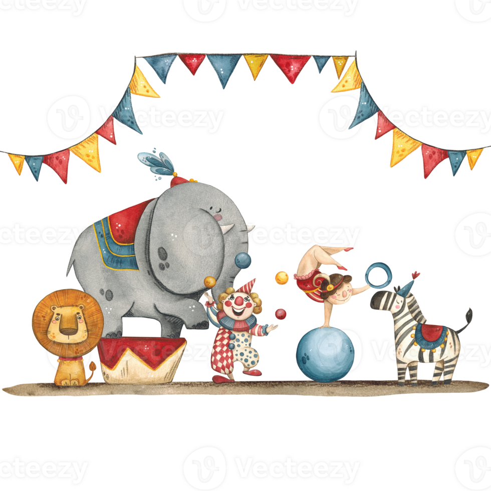 Composition of a circus elephant, zebra, lion, clown, gymnast png