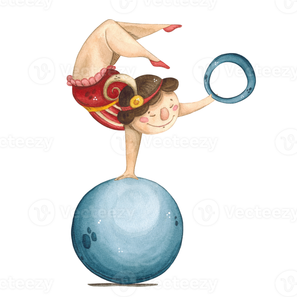 A girl gymnast stands with her hand on a blue ball with a ring png