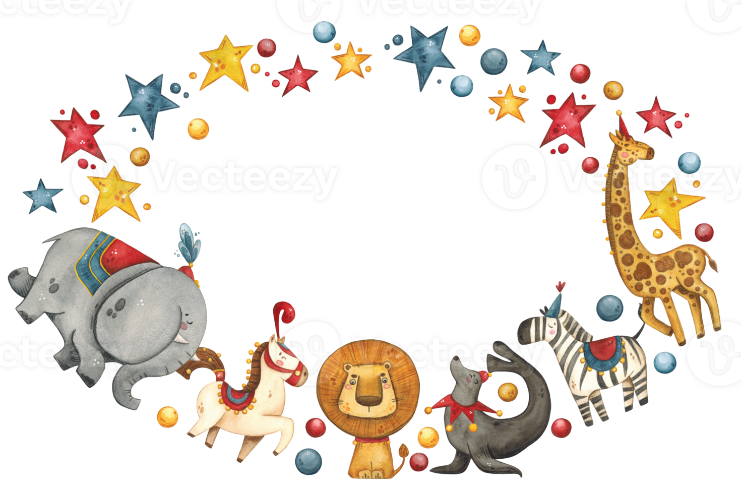 Oval frame with circus animals surrounded by stars and balls png