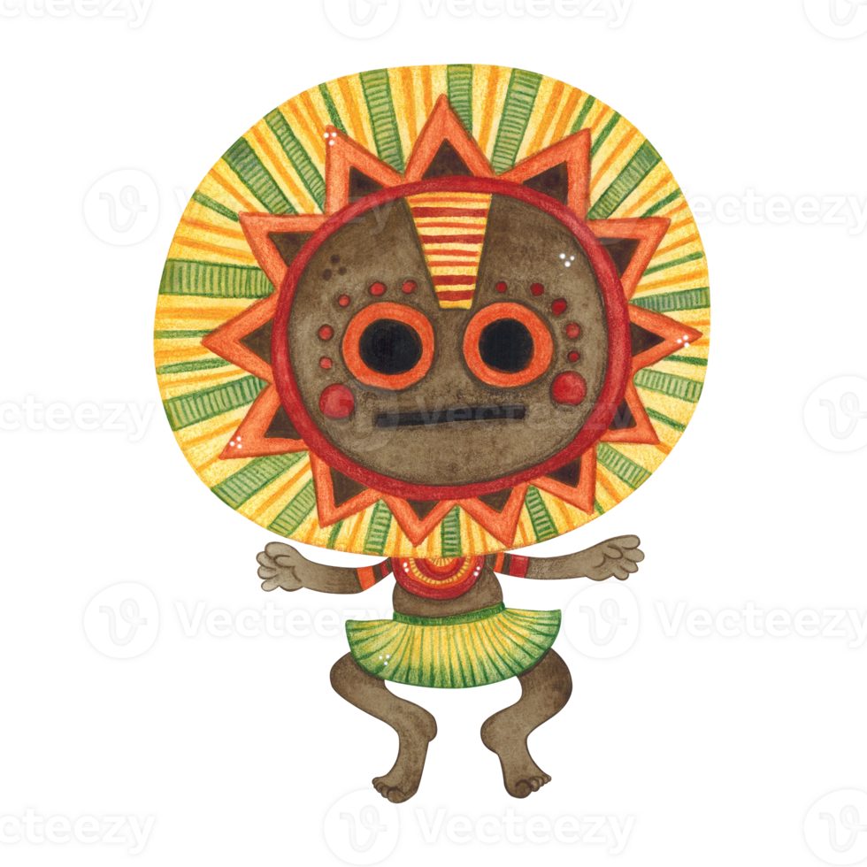 Dancing African aborigine in a round colorful mask. Watercolor illustration hand drawn, cartoon. Drawing for poster, stickers, print. Africa, mask, funny, character png