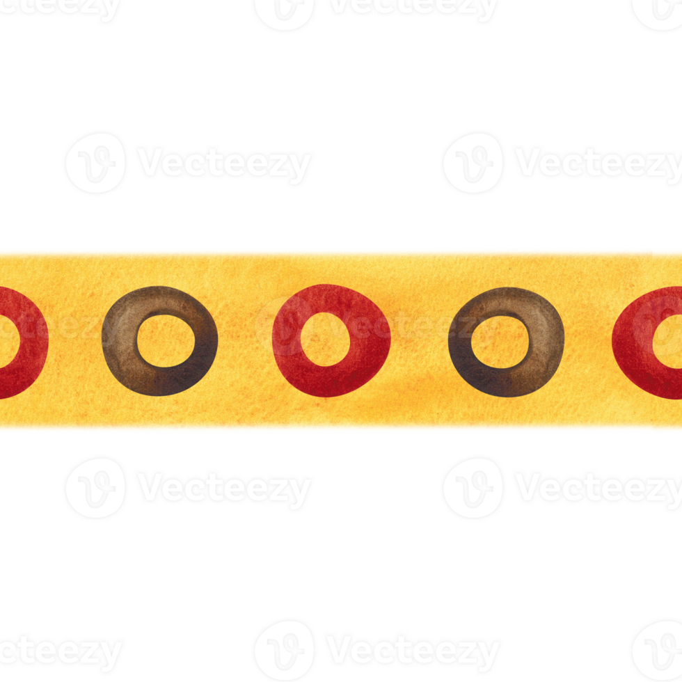 Seamless border of red and brown rings on yellow watercolor background. Watercolor illustration, hand drawn, cartoon. Pattern for textile, paper, cards, stickers. Ornament, Africa, decor png