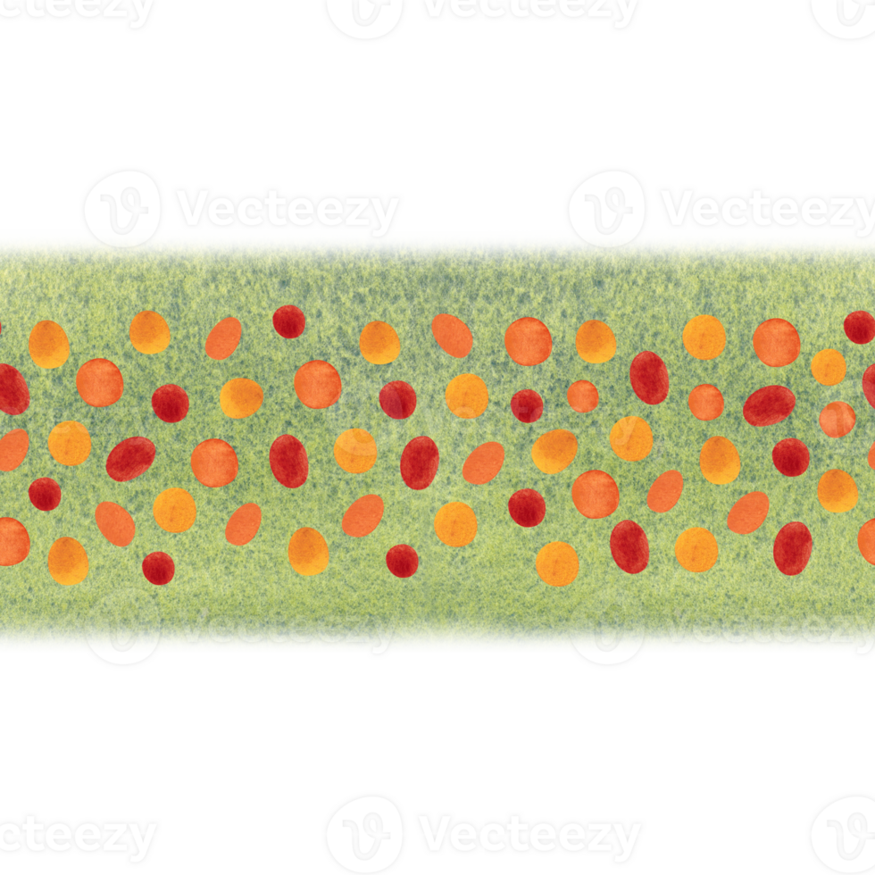 Seamless border with a pattern of red and yellow dots on a green background. Watercolor illustration hand-drawn with brushes, textured. Drawing for background, cards, textile, paper. brush, texture png