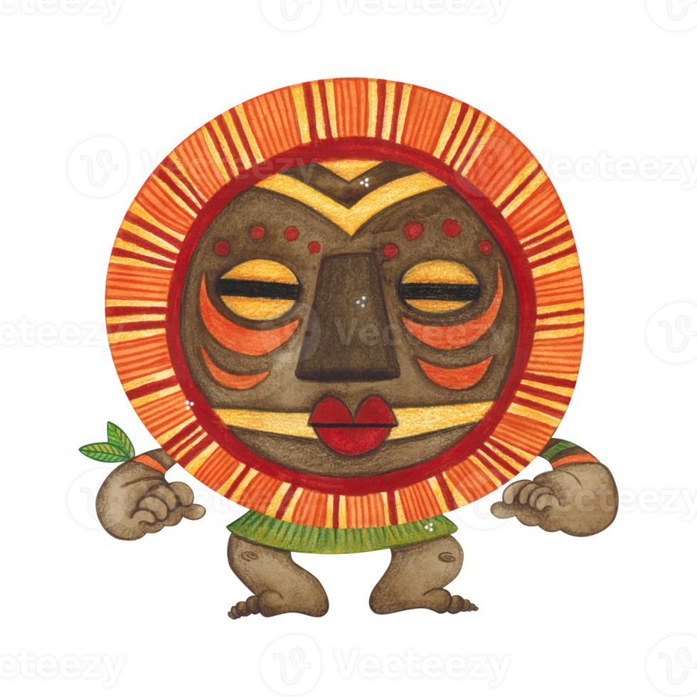 Crouching African aborigine in a brown round mask with orange fringe. Watercolor illustration, hand drawn, cartoon. Drawing for poster, stickers, print. Africa, mask, funny, character png