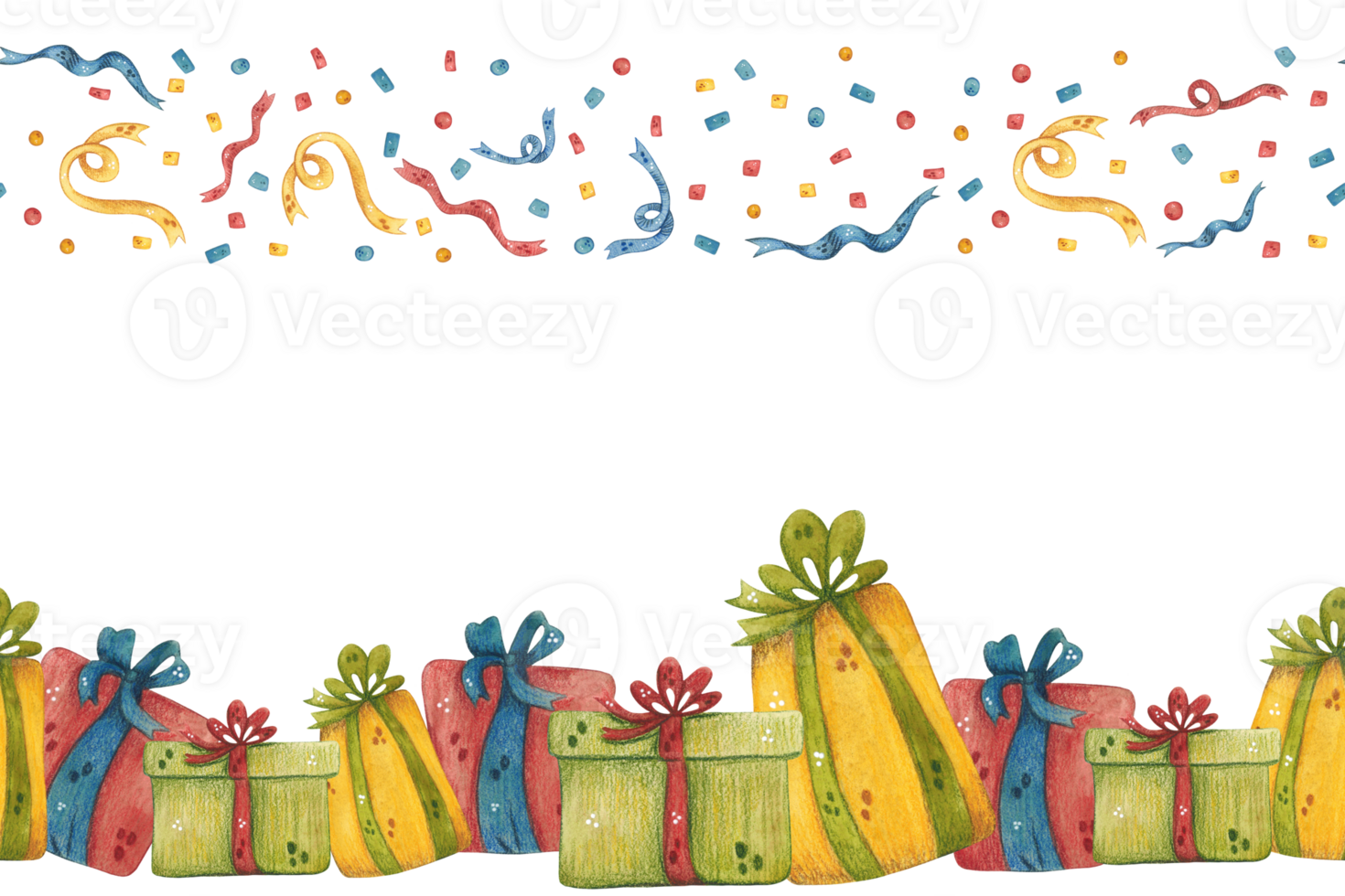 Seamless border of confetti and boxes with gifts for the holiday, birthday png