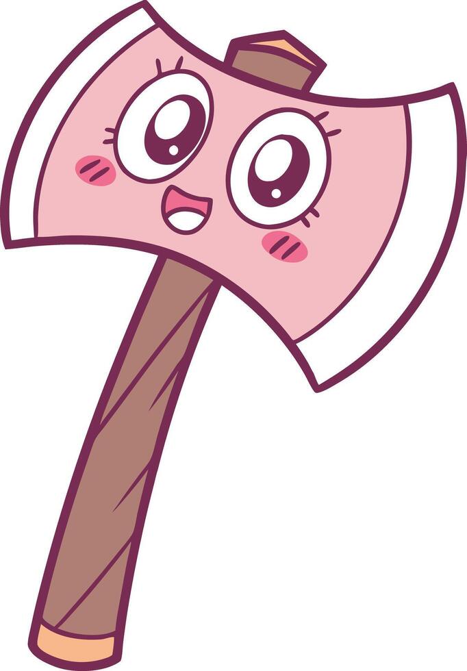 Cute pink axe with happy face and purple outline cartoon vector