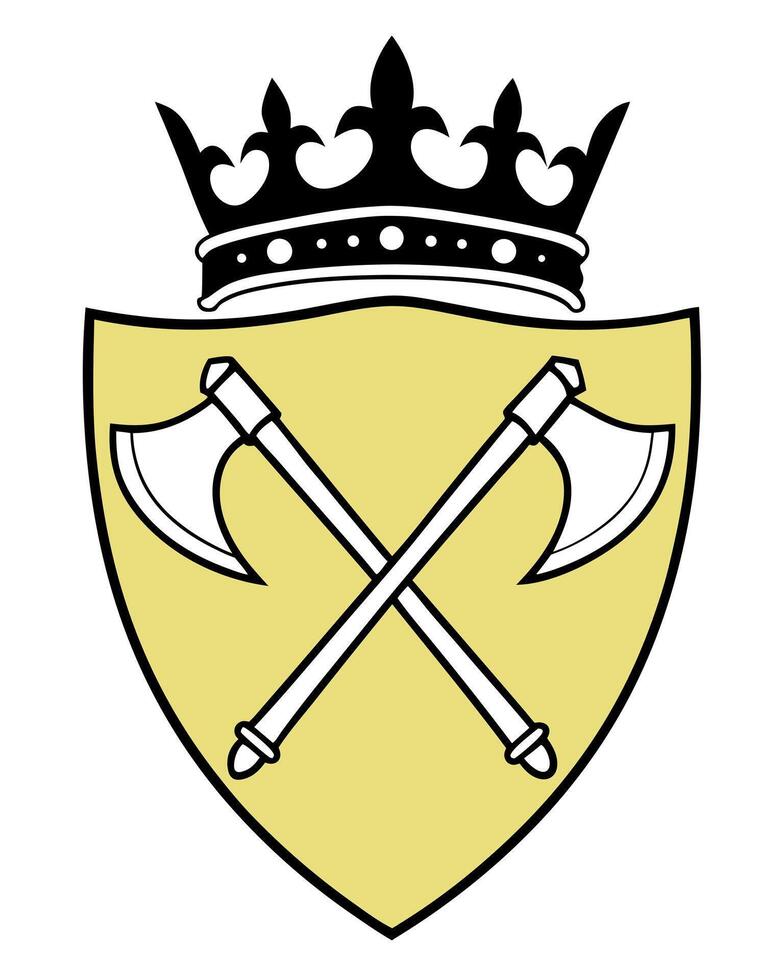 Crossed axes and crown emblem on yellow shield crest vector