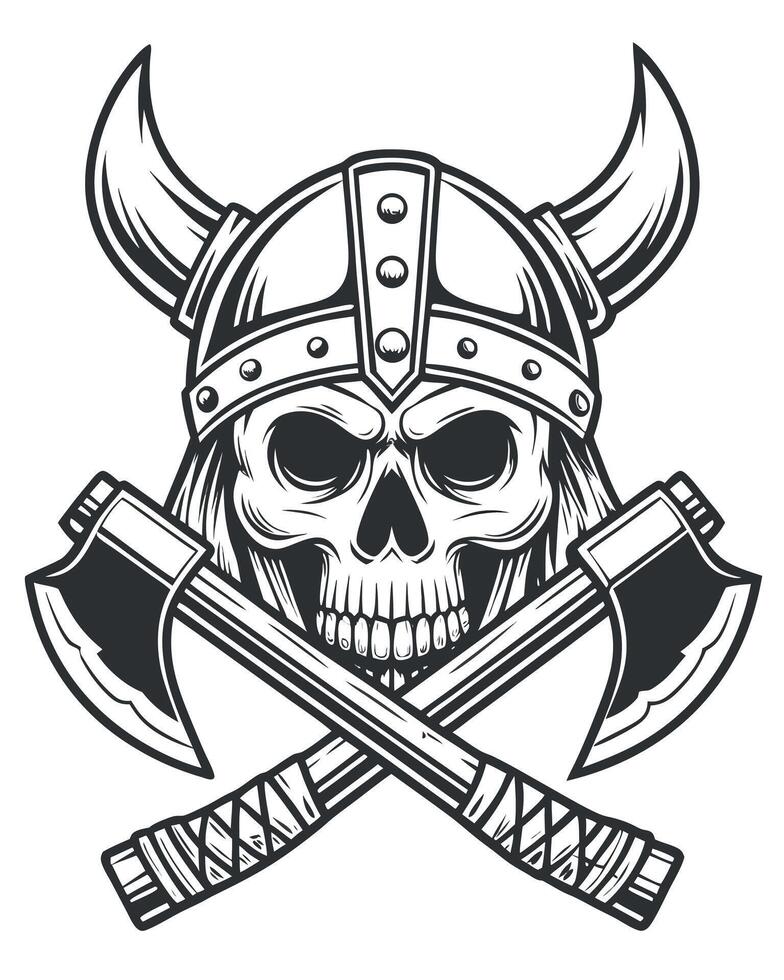 Viking skull with horned helmet and crossed axes warrior vector