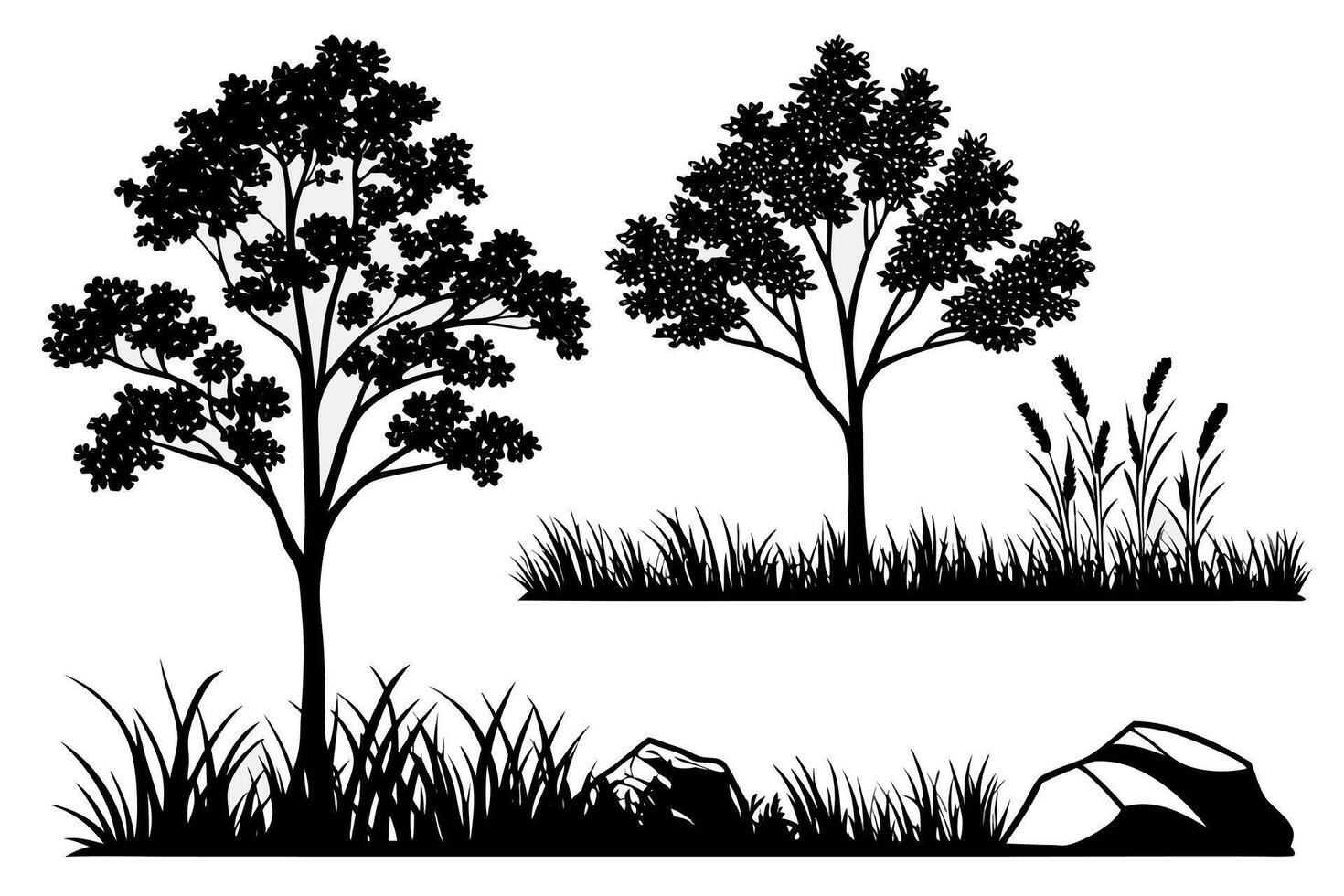 Black silhouette trees grass and rocks landscape elements vector