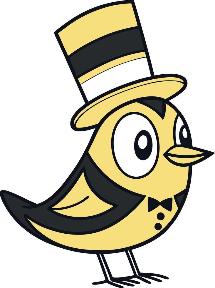 Yellow cartoon bird wearing a top hat and bow tie black vector