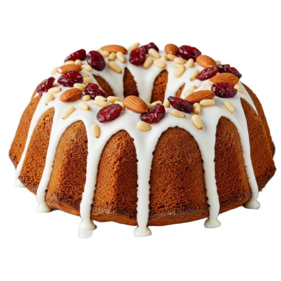 A bundt cake with nuts and cranberries on top png