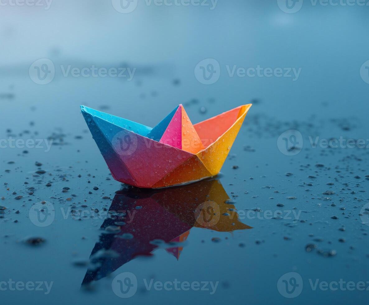 Colorful paper boat floats on a wet surface reflecting vibrant hues in natural light photo