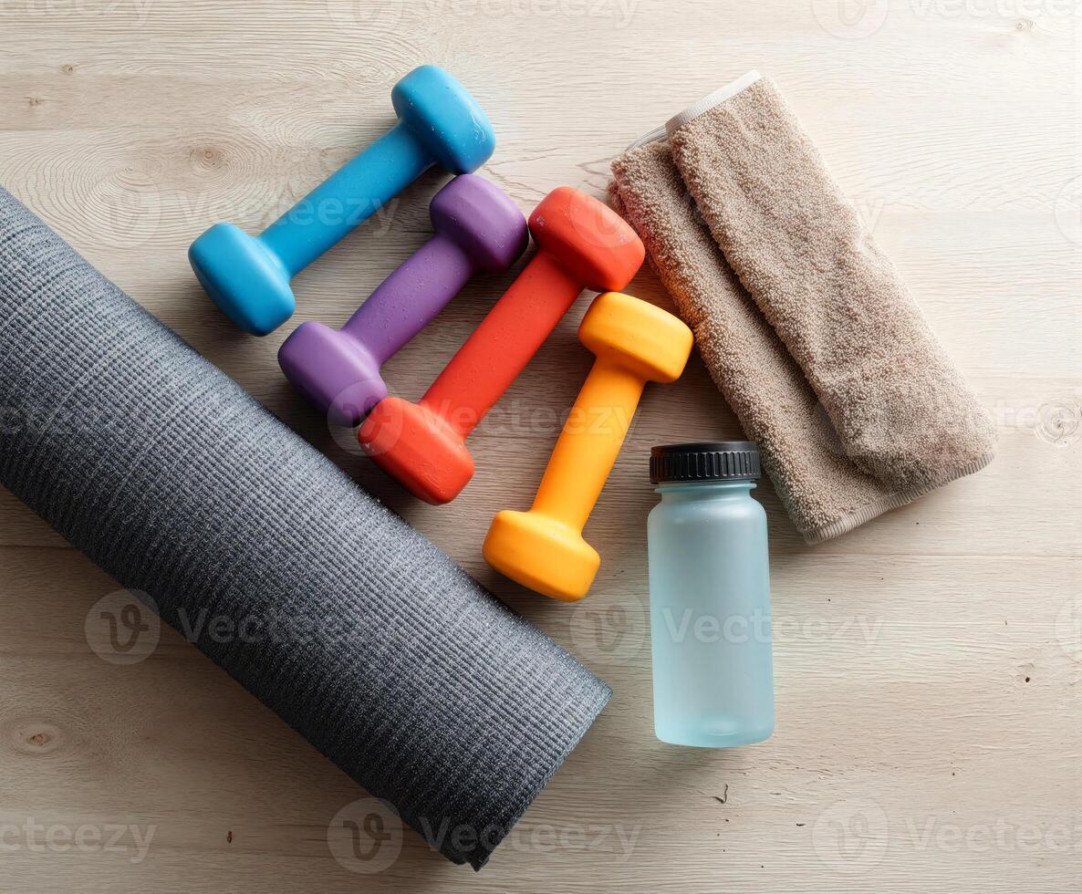 Precise arrangement of colorful dumbbells, towel, mat, and water bottle for a fitness routine in a home gym photo