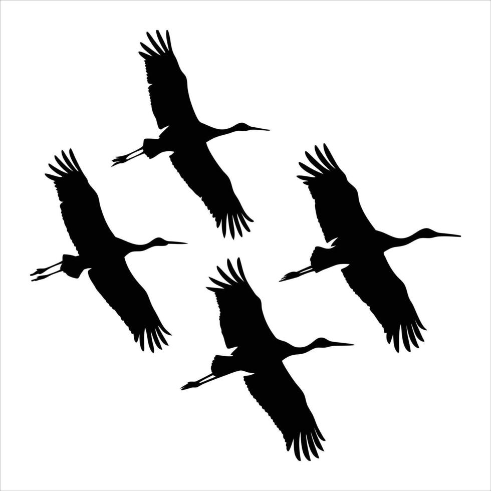 Silhouette of Cranes Gracefully Soaring Across a Pristine White Canvas in Perfect Harmony and Coordination, Depicting Freedom and Natural Elegance vector