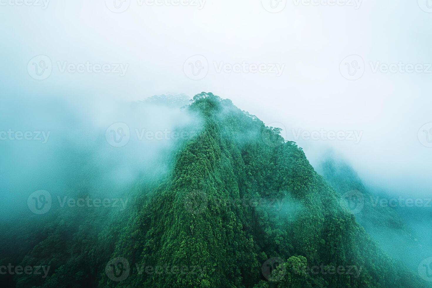 Lush Green Mountain Peak Obscured by Dense Mist and Atmospheric Haze. photo