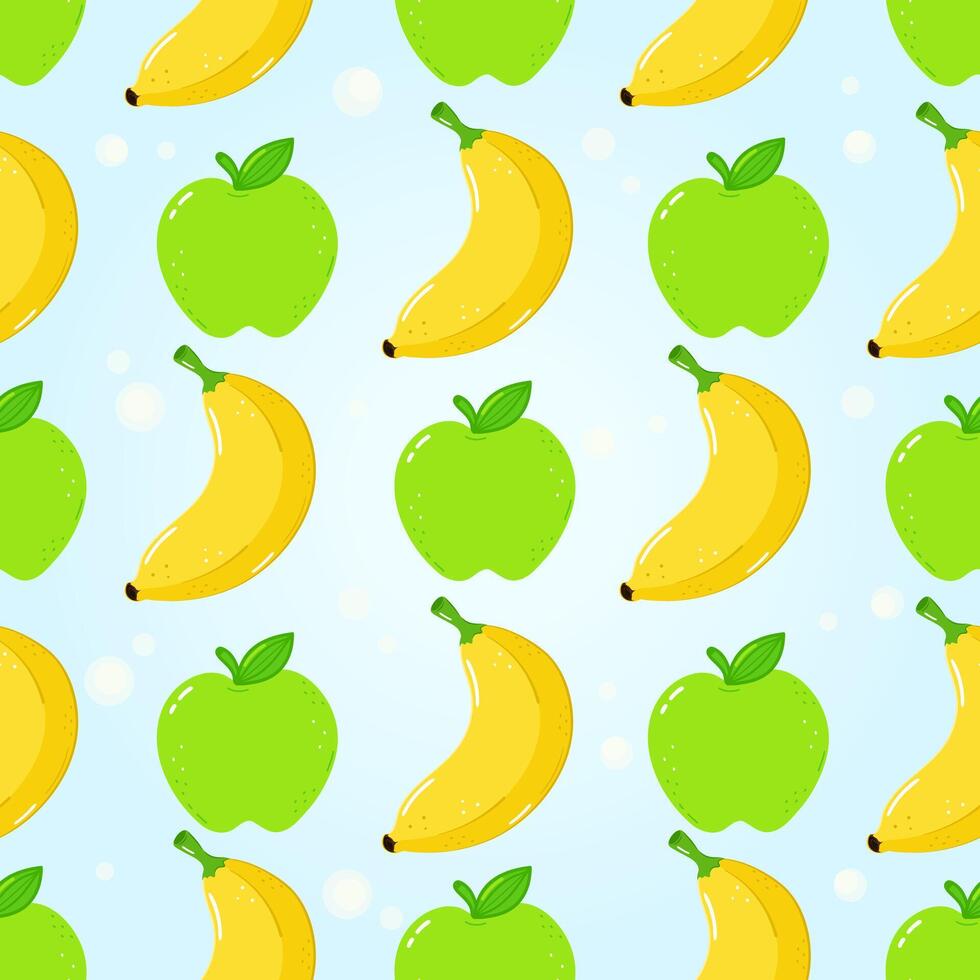 Repeating pattern featuring green apples and yellow bananas on a blue background vector