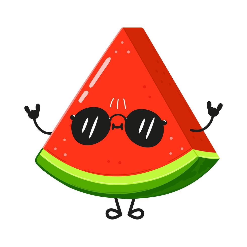 Cartoon watermelon slice with sunglasses making a rock and roll sign. vector