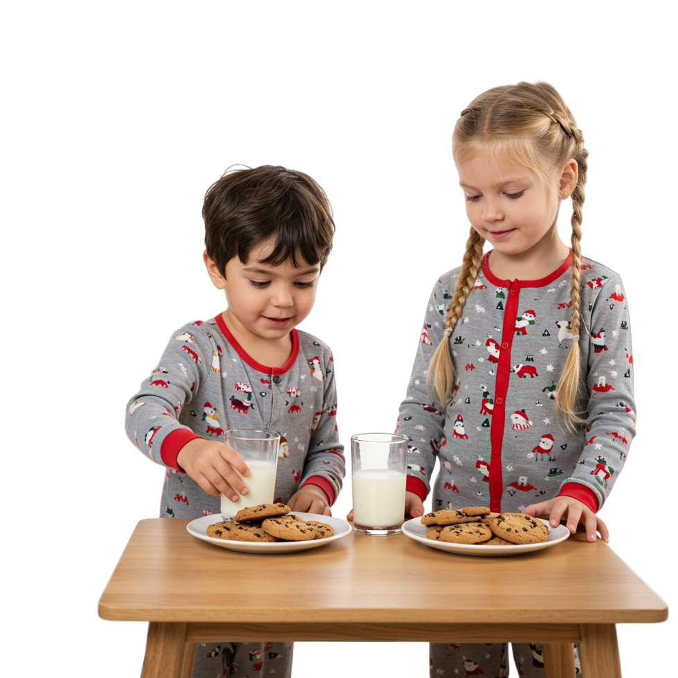 Two children are standing at a table with a glass of milk png
