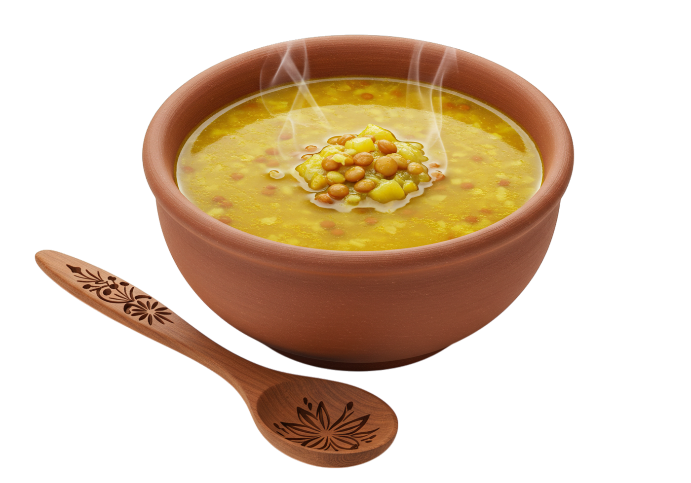 A bowl of soup with a spoon and spoon png
