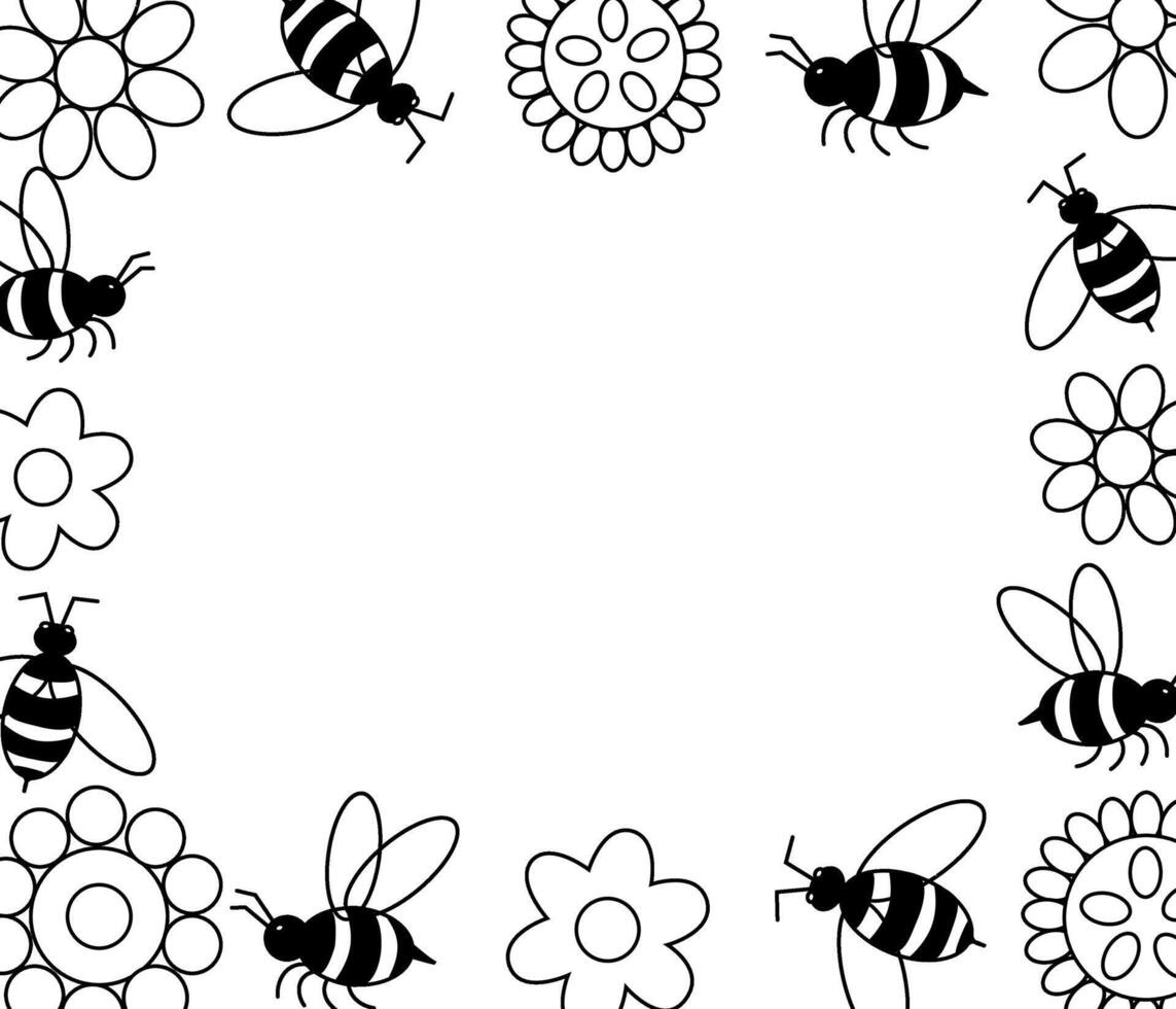Bee with simple flowers Frame rectangle template. graphic line illustration. Silhouette sign for logo, print, comics, fashion, pop art, boards, design, stickers, decoration, posters vector