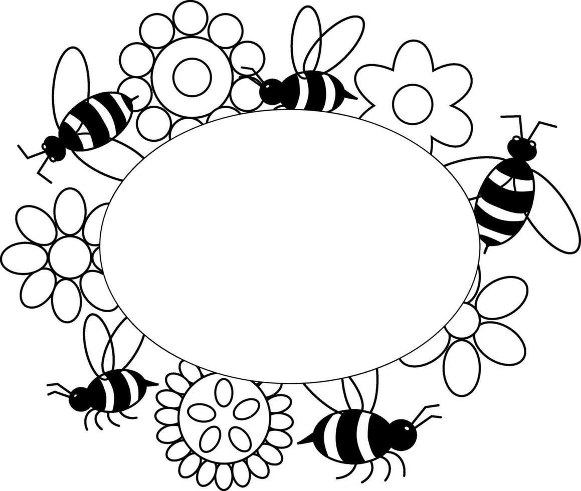 Floral bee Frame Oval template. graphic line illustration. botanical wreath . Decorative boho folk art honeybee insect symmetrical poster design. vector