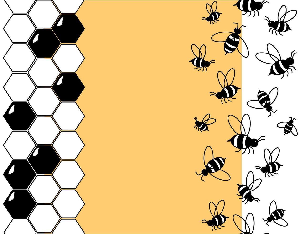 Bees and honeycombs vertical seamless border frame template. graphic line illustration. Apiculture decoration, beekeeping frame. Cartoon insects flying in abstract bloom. vector