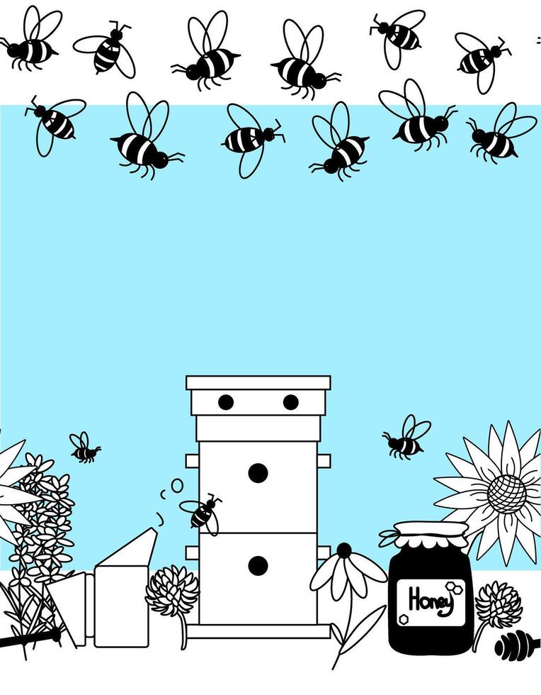 honey bees jar flowers Horizontal seamless border frame template. graphic line illustration. Perfect for cards, decorations, stickers, logo, menu, various designs. vector