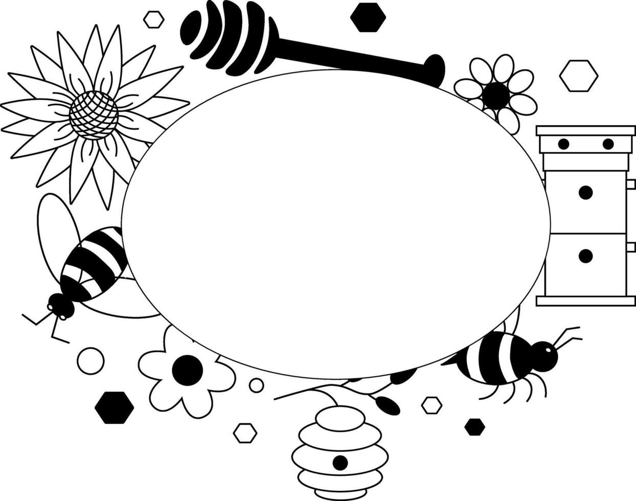 Round frame with bees and honey items Oval template. graphic line illustration. design for fashion graphics, textile prints, fabrics, wallpapers. For logo, web, package, sticker. vector