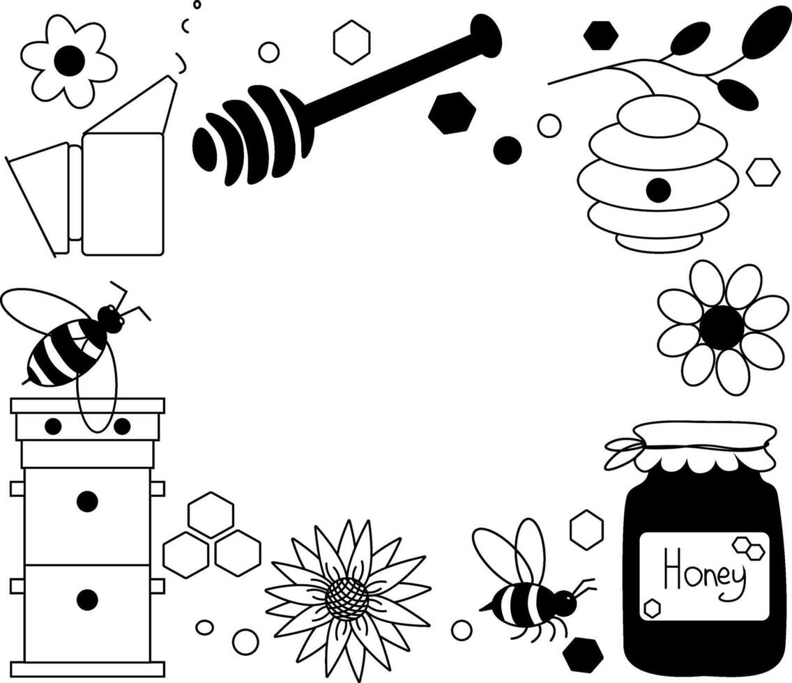 honey bees flowers Frame Oval template. graphic line illustration. Silhouette sign for logo, print, comics, fashion, pop art, boards, design, stickers, decoration, posters vector